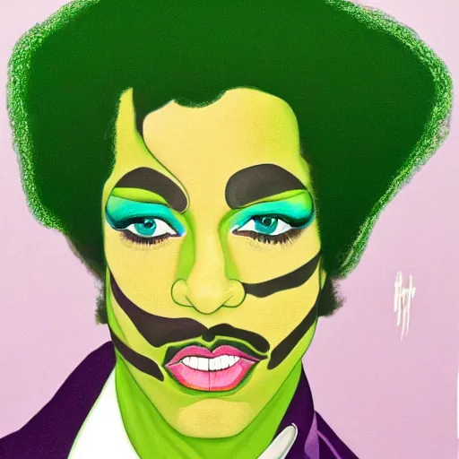 Image similar to a portrait of prince as two face. half his face is white with green hair. in the style of herbert bayer