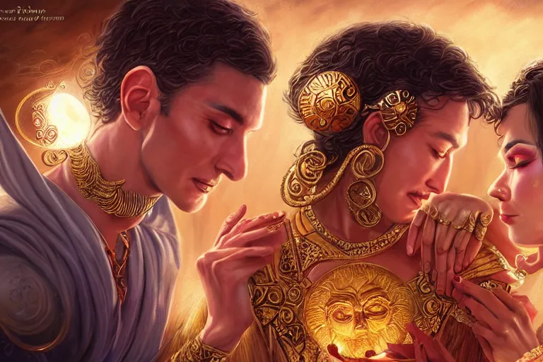 Prompt: close up moment of a divine a sun god and a moon goddess lovers magician at a wedding banquet, highly detailed, d & d, fantasy, highly detailed, digital painting, trending on artstation, concept art, sharp focus, illustration, art by artgerm and greg rutkowski and magali villeneuve