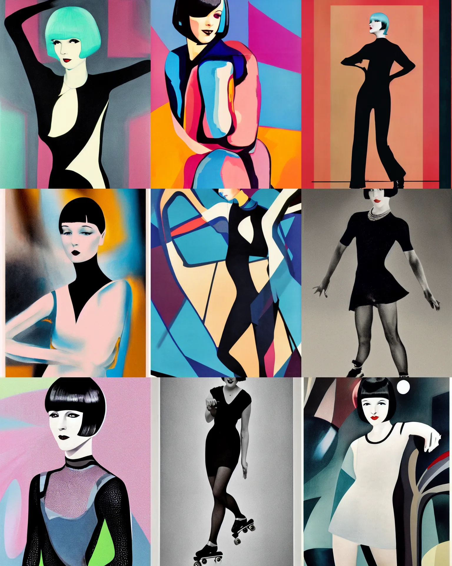 Prompt: full length portrait of 2 0 year old mary louise brooks roller skating, shiny bob haircut, dramatic light, abstract art deco city background, screen print, high contrast, sharp,, painted by ross tran 1 9 2 0 s