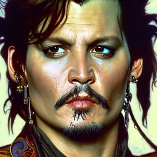 Prompt: full portrait of johnny depp as ace ventura, fantasy, d & d, intricate, detailed, by by alphonse mucha, adolfo hohenstein, alice russell glenny, stanley artgerm lau, greg rutkowski, detailed, trending on artstation, trending on artstation, smooth