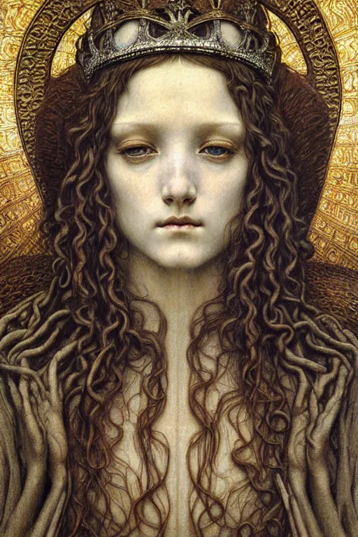 Image similar to detailed realistic beautiful young medieval queen face portrait by jean delville, gustave dore and marco mazzoni, art nouveau, symbolist, visionary, gothic, pre - raphaelite. horizontal symmetry