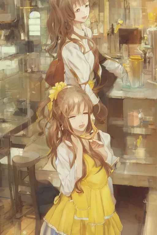 Prompt: A girl in a maid's outfit in a cafe a afternoon, wavy hair yellow theme,S line,45 angel by krenz cushart and range murata and greg rutkowski