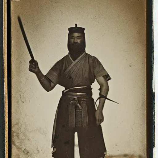 Prompt: egyptian samurai with katana, standing in desert, 1 9 th century, tintype photograph