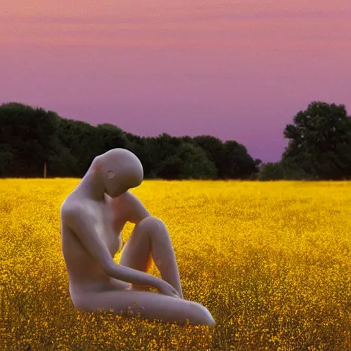 Prompt: a faceless human made of translucent glass sits within a wildflower meadow at sunset, in the style of alma tadema, 4k, 8k, hyperrealist