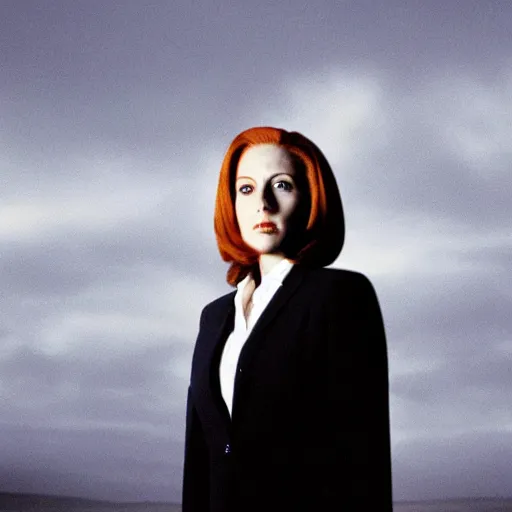 Image similar to masterpiece full body portrait of Scully from the X-Files, hair blowing in the wind, eerie fog, dramatic lighting, 8k