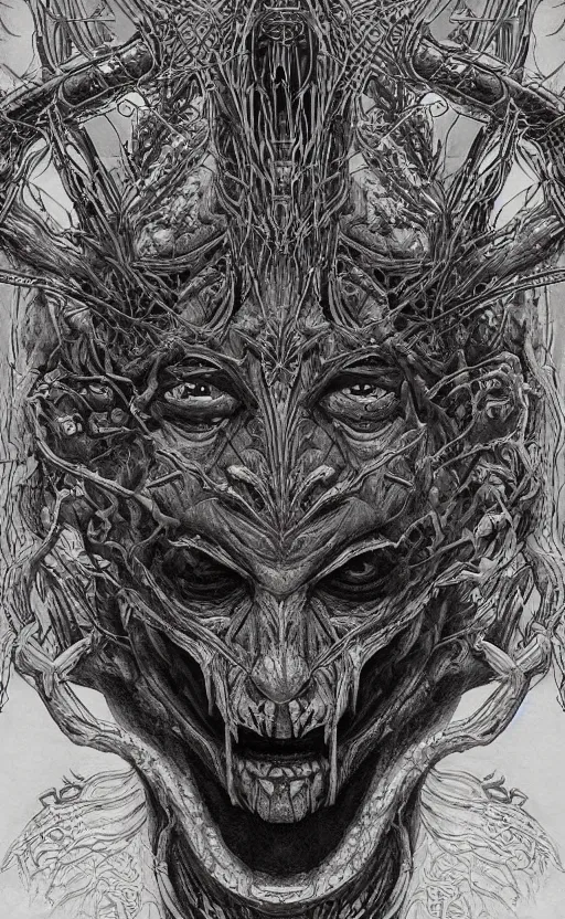 Image similar to Elden Ring themed painting of ancient hybrid majestic aztec shaman fantasy cyber human beautiful symmetrical face angry mask closeup face mask tattoo pattern golden ratio concept, deep forest psytrance Neo-Gothic concept, infinity glyph waves, intricate artwork masterpiece, very coherent artwork, cinematic, full frontal facial features by Artgerm, Takato Yamamoto, Zdizslaw Beksinski, Johnatan Wayshak, Moebius, H.R. Giger, Ayami Kojima, very coherent artwork, trending on cgsociety, ultra high quality model, production quality cinema model, high detail chromatic ink outline, octane render, unreal engine 8k, hyper realism, high detail, octane render, unreal engine, 8k, High contrast