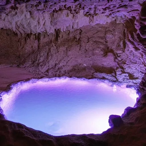 Prompt: inside a cave with a hot spring and the walls of made of amethyst, photo