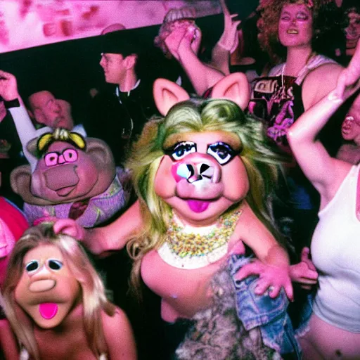 Image similar to Miss Piggy at a rave in Manchester, surrounded by ravers, 1994, HD 35mm color flash photography, depth of field