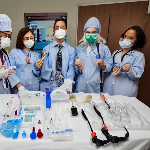 Image similar to doctors playing music with instruments made out of clear tubing, syringes, urine collection bag, iv pole, fluid bag, nebulizer equipment, bag - valve mask, intubation equipment, speculum, defibrillator, coban, flexiseal, picc dressing.