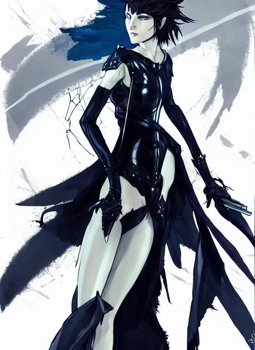 Prompt: Full body portrait of a cure young elven princess with short black hair wearing black and dark blue attire, silver tiara. In style of Yoji Shinkawa and Hyung-tae Kim, trending on ArtStation, dark fantasy, great composition, concept art, highly detailed, dynamic pose.