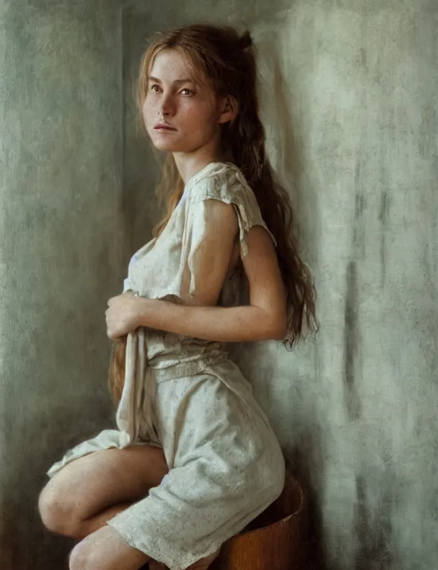 Prompt: portrait of beautiful peasant girl with long hair in a bathroom, minimalistic interior, soviet style, Cinematic focus, Polaroid photo, vintage, neutral colors, soft light, foggy, by Steve Hanks, by Serov Valentin, by lisa yuskavage, by Andrei Tarkovsky 8k render, detailed, oil on canvas