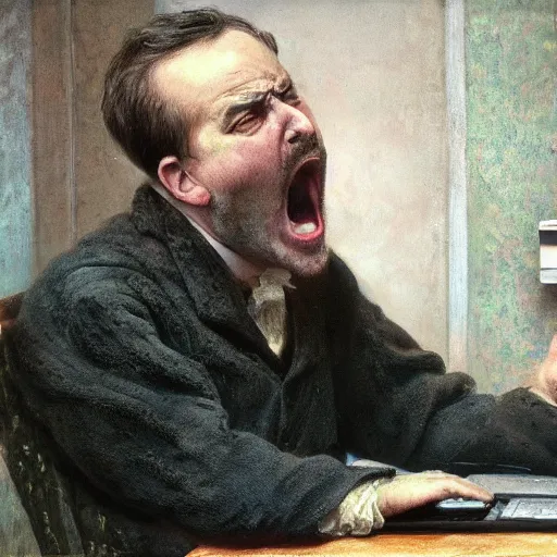 Image similar to an angry man yells at his computer monitor, oil on canvas, 1 8 8 3, highly detailed