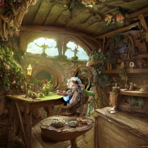 Image similar to a wise old troll inside a medieval hobbit house, ornate, beautiful, atmosphere, vibe, flowers, concept art illustration, color page, 4 k, tone mapping, doll, akihiko yoshida, james jean, andrei riabovitchev, marc simonetti, yoshitaka amano, digital illustration, greg rutowski, volumetric lighting, sunbeams, particles