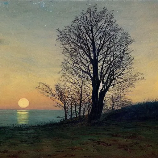 Image similar to This painting has such a feeling of peace and serenity. The tree is so still and calm, despite the wind blowing around it. The moonlight casts a soft glow over everything and the starts seem to be winking at you... by Jacek Malczewski