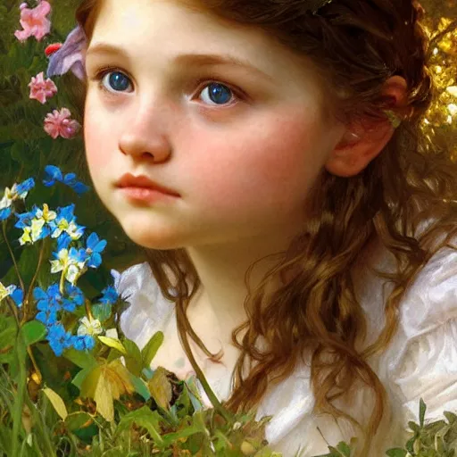 Image similar to a cute little girl with wavy light brown hair and blue eyes in a garden, beautiful highly detailed face, stunning painting by irakli nadar and greg rutkowski and alphonse mucha