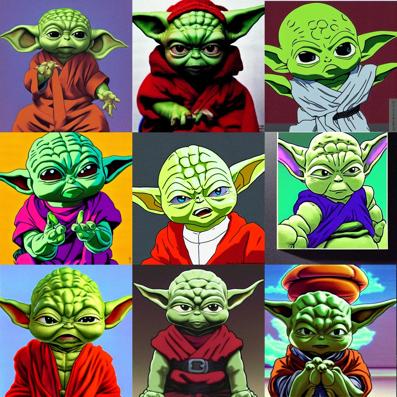 Prompt: baby yoda a namekian from dragon ball z in the style of Akira Toriyama, by George Tooker