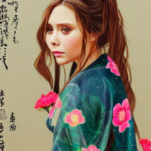 Image similar to Elizabeth Olsen as a young girl in kimono art drawn in art style of WLOP full HD 4K highest quality realistic beautiful gorgeous natural WLOP artist painting