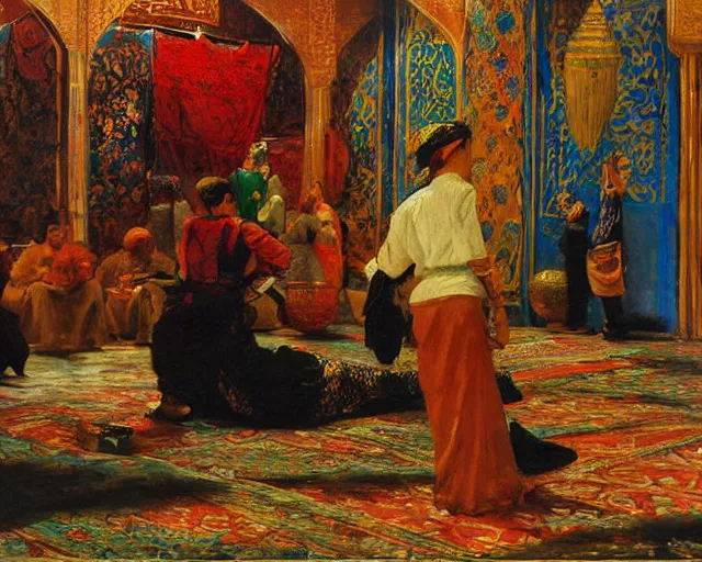 Image similar to an oil painting in the style of orientalism of dragons on display in a dragon auction in the grand bazaar of isfahan by edwin lord weeks