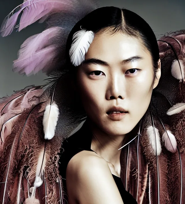 Image similar to photography american portrait of liu wen, natural background, sensual lighting, natural fragile pose, great _ hairstyle, wearing stunning dress with feathers by iris van herpen, with a colorfull makeup. highly detailed, skin grain detail, photography by paolo roversi, amano, nick knight, helmut newton, avedon, araki