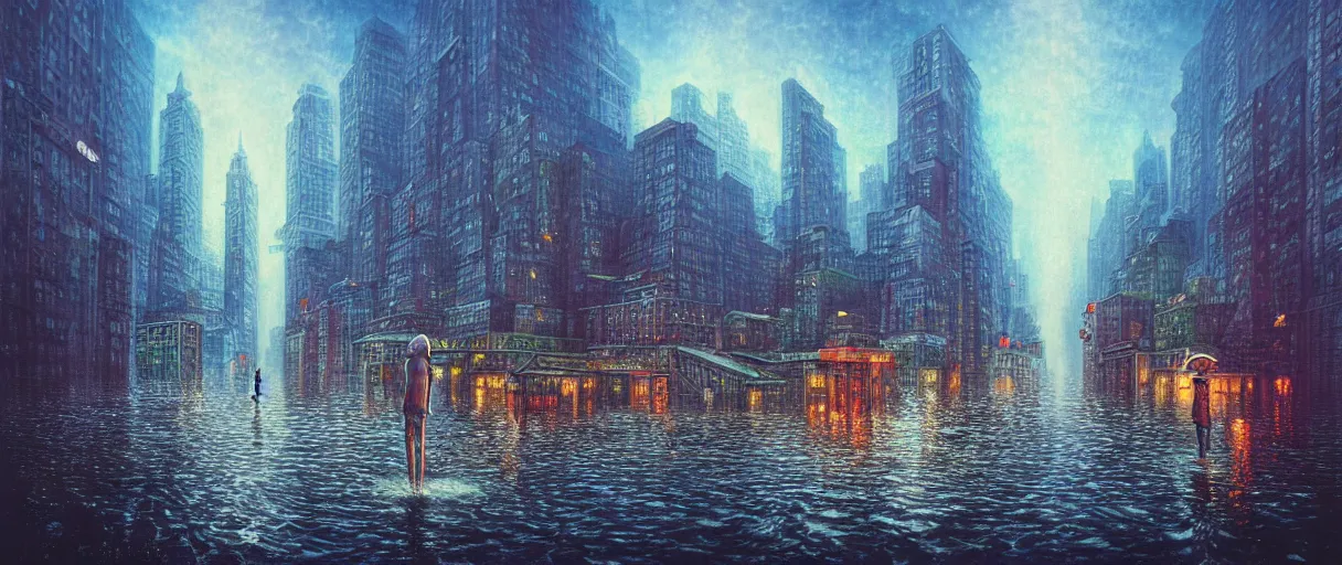 Image similar to new york city with cruising ship sailing at raining night at flooded miniature city, godrays, god helping mystic soul by yoshitaka amano, and artgerm, gediminas pranckevicius