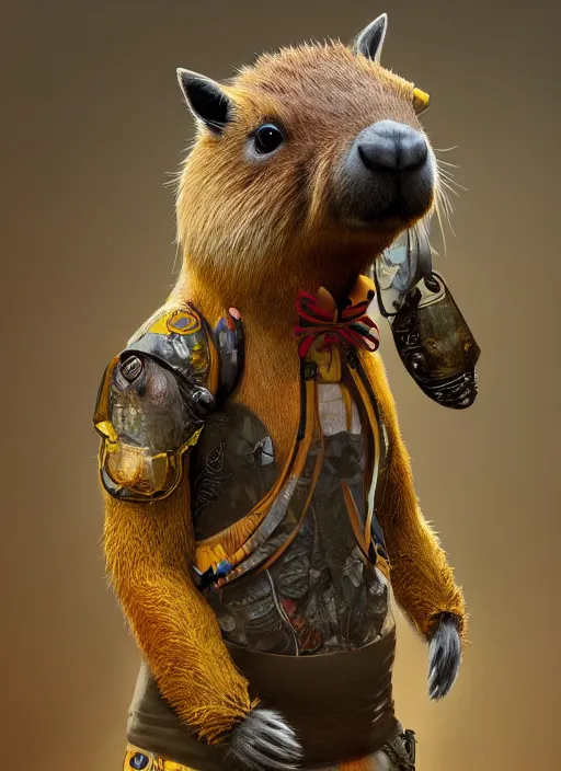 Image similar to detailed full body concept art illustration, oil painting on canvas of an anthropomorphic capybara teacher in full intricate clothing, biomutant, dystopian, micro detail, octane render, 4K