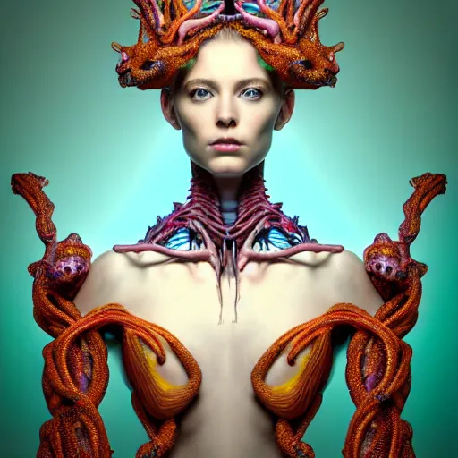 Image similar to a color high quality photo of a young beautiful female queen-dragon-cyborg bust with a very long neck and Mandelbrot fractal face, Mandelbrot fractal skin, flesh, anatomical, facial muscles, veins, arteries, elegant, highly detailed, flesh highly baroque ornate, hair are wired cables, elegant, high fashion, rim light, octane render, in the style of H.R. Giger and Flora Borsi, Realistic, Refined, Highly Detailed, Cinematic Lighting, rim light, photo-realistic, 8K