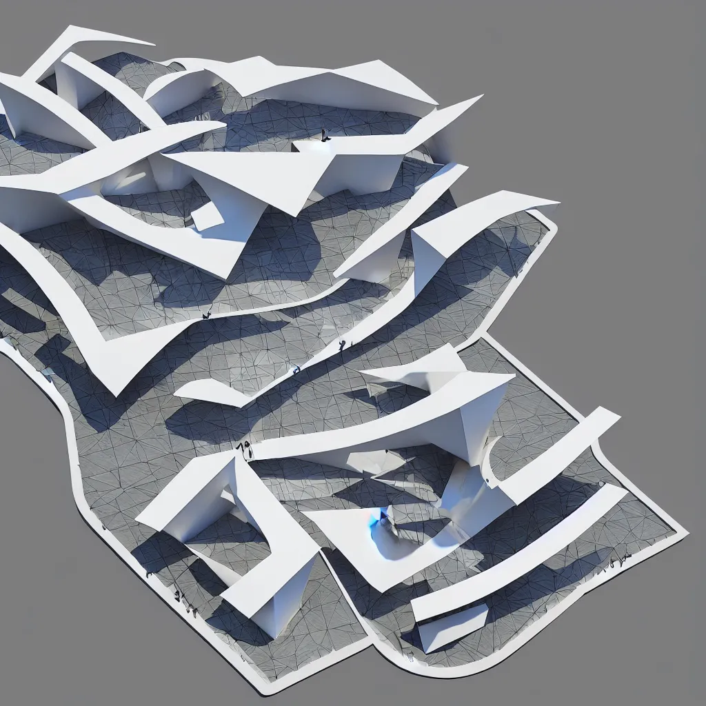 Prompt: sculptural curved roof planes lift and descend creating shade and architectural expression, dramatic form, 3 d top view axonometric, architectural light structure, isometric view