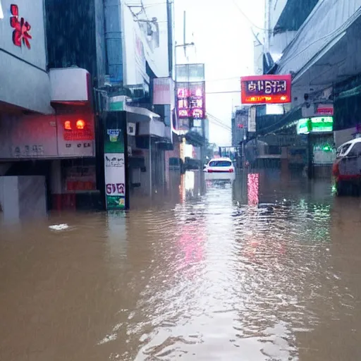 Prompt: seoul city is flooded by heavy rain. A car is middle of the street flooded.