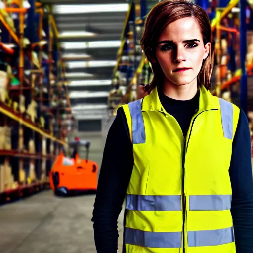 Image similar to photo, close up, emma watson in a hi vis vest, in warehouse, soft light, android cameraphone, snapchat story screenshot, 2 6 mm,