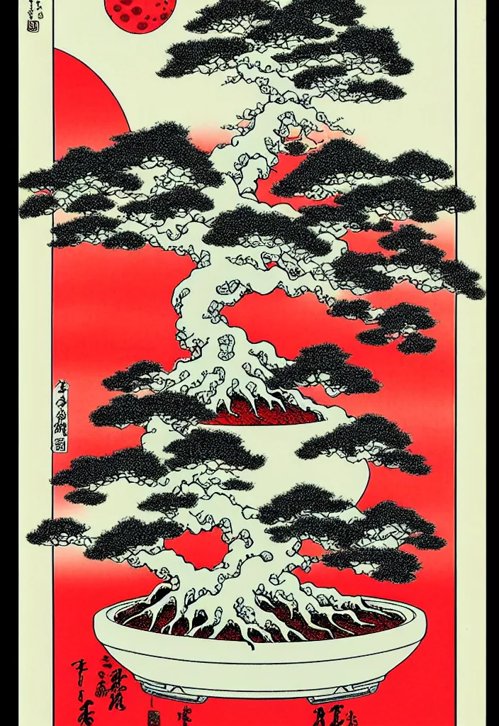 Prompt: prompt: Weird roots white Bonsai tree in red pot Holding moon drawn by Katsuhiro Otomo and Hokusai, Bonsai tree in Japanese woodblock print style, white moon and on the sides alchemical artifacts and mysterious entities attributes and trinkets, clean ink detailed line drawing, intricate detail, manga 1990