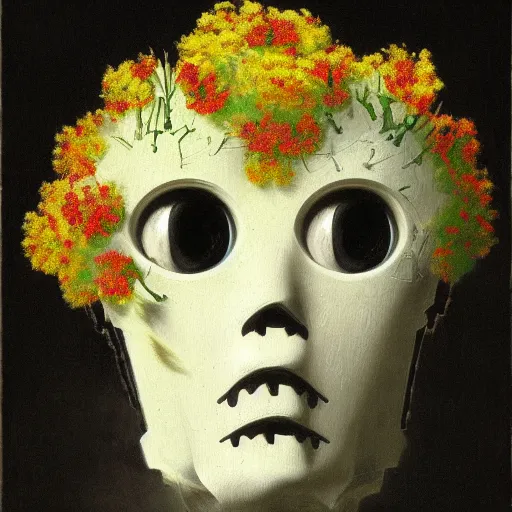 Prompt: a painting by thomas cole of a white robot head with flowers growing out, highly detailed, color bleeding, pixel sorting, plain black background, studio lighting, high contrast, bold composition, abstract paint color splotches