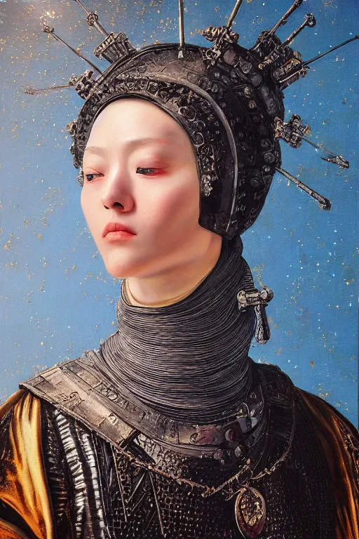 Image similar to hyperrealism oil painting, close-up portrait of medieval fashion model, knight, steel gradient mixed with nebula sky, in style of baroque mixed with 70s japan book art