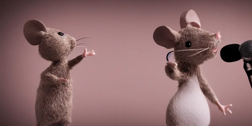 Image similar to a mouse singing with a microphone in it's hands'macro photography, studio light