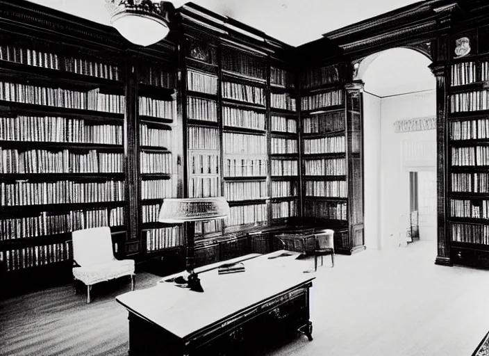 Prompt: realistic photo interior of the spacious wooden polished and fancy expensive wooden room library interior with many white sculptures of clouds 1 9 9 0, life magazine reportage photo