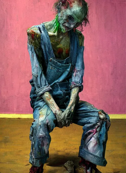 Image similar to an insane, skinny, artist wearing dirty, torn overalls, expressive painting, inside a grand messy studio, depth of field, hauntingly surreal, highly detailed oil painting, by francis bacon, edward hopper, adrian ghenie, glenn brown, soft light 4 k in pink, green and blue colour palette, cinematic composition, high quality octane render, masterpiece