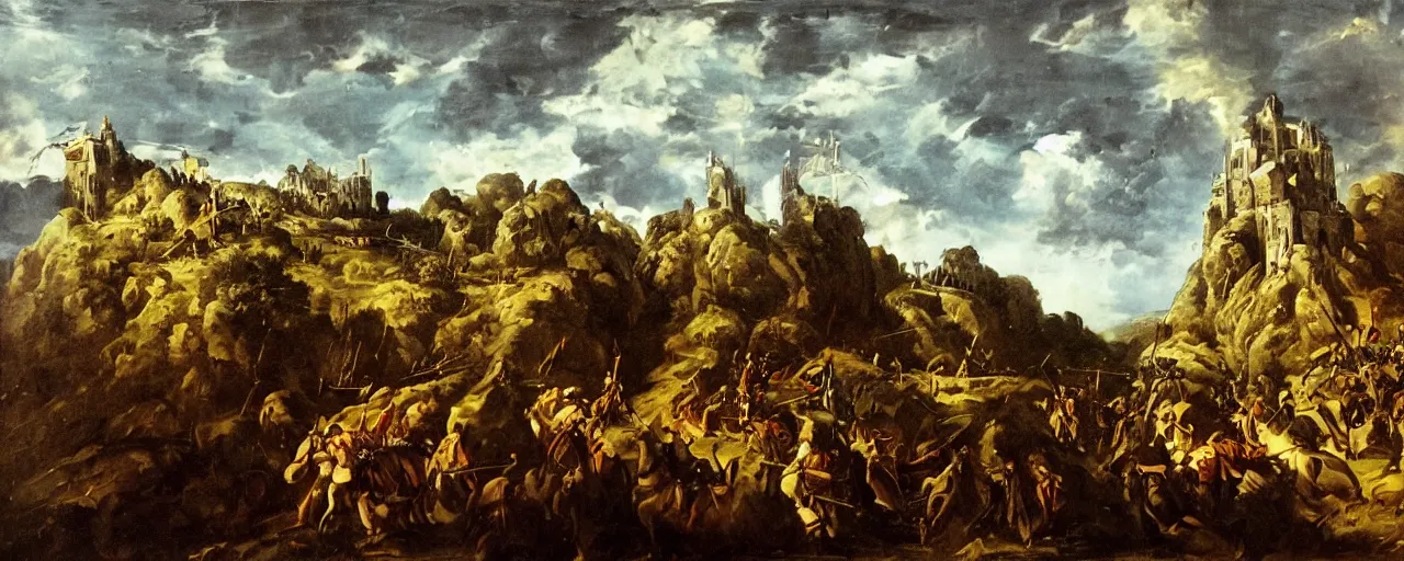 Prompt: portrait, mountain battles, knights, spears, fortress, siege, oaks, trees, architectural, colossal lightning, temple, war, famine, death, wide angle, puffy clouds, skies behind, stars in sky, Moon, italian masterpiece, Ashford Black Marble, sculpture, baroque, draped with horrors and spines, drapes, ocher details, still life, Obsidian, portrait, render, artstation, ultra detailed