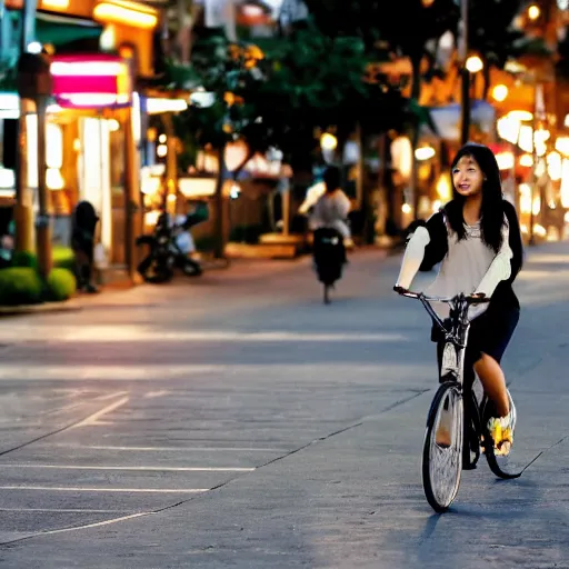 Prompt: an asian girl rides a bicycle on the street at dusk