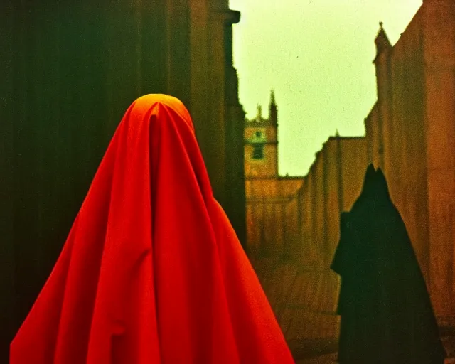 Image similar to by francis bacon, vivian maier, mystical redscale photography evocative. religious relics, priestess in red capirote