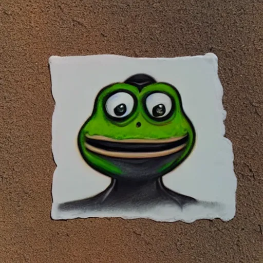 Prompt: hyperealistic charcoal drawing of Pepe the frog thru hiking on a desert trail