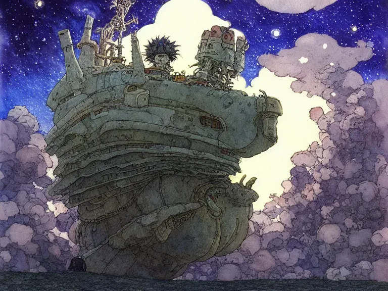 Image similar to hyperrealist studio ghibli watercolor fantasy concept art of an immense starship from howl's moving castle sitting on stonehenge like a stool. it is a misty starry night. by rebecca guay, michael kaluta, charles vess