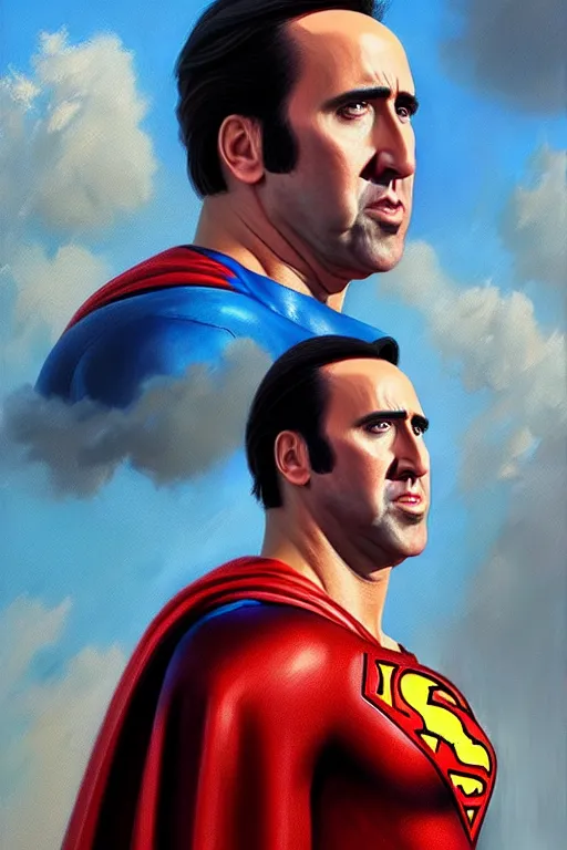 Image similar to portrait of nicolas cage as superman looking away from the camera, intricate, hyperrealistic, extremely detailed oil painting by simon stalenhag and greg rutkowski, artstation