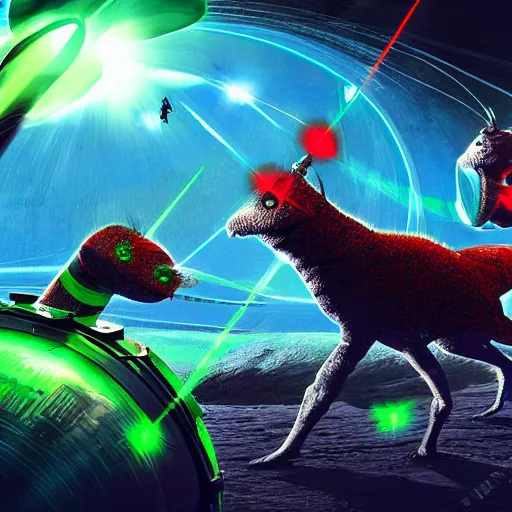 Image similar to laser war between funny creatures on a planet, digital art, award winning 4K