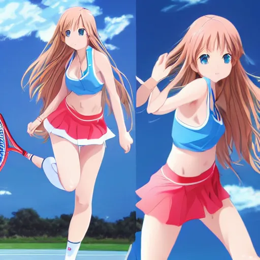 Image similar to a very beautiful young anime tennis yuuki asuna, full body, long wavy blond hair, sky blue eyes, full round face, bikini, miniskirt, front view, mid - shot, highly detailed, cinematic wallpaper by stanley artgerm lau