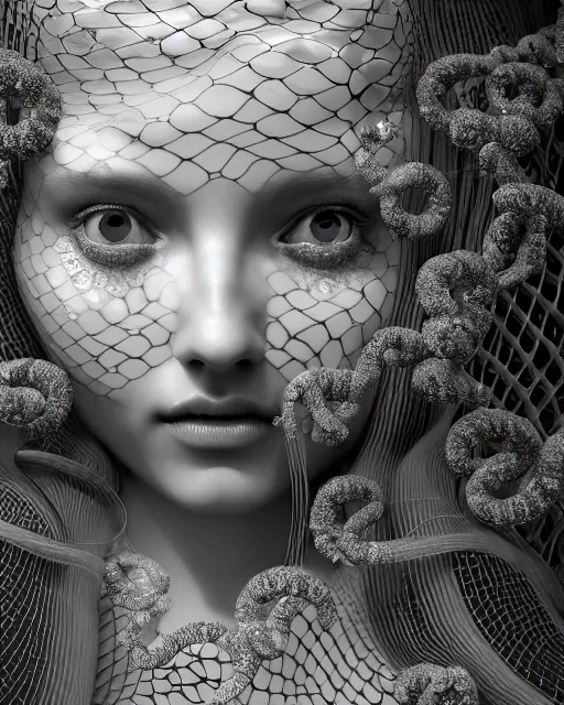 Image similar to surreal mythical dreamy underwater artistic black and white 3 d render of a translucent beautiful young female angelic - medusa - vegetal - doll with fish scales all over her face, highly detailed, intricate crystal ivy jelly ornate, poetic, translucent algae ornate, digital art, octane render, 8 k artistic photography, photo - realistic, hg giger flora borsi