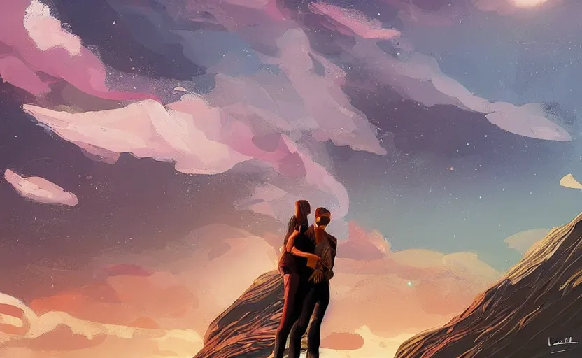 Prompt: it feels like something to be anything. Couple in a beautiful landscape. Rough strokes. Futuristic. Interesting colour scheme. Detailed. Beautiful digital art by artist Lurid. (2022)