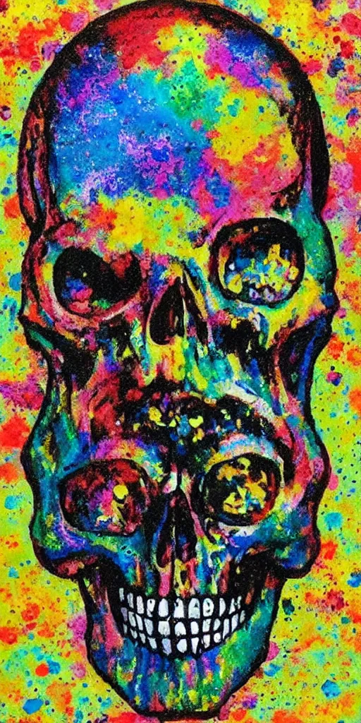 Image similar to intricate skull with dots of paint melting in to a colorful painting made of gouache impasto