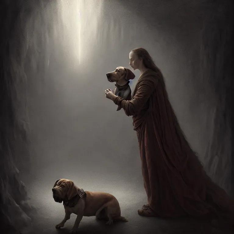 Image similar to renaissance professional digital art of a traveler with a faithful dog, symmetrical face, atmospheric lighting, painted, complex, detailed, detailed, foreboding, mysterious, leesha hannigan, wayne haag, reina rocin, ignacio fernandez rios, mark ryden, iris van herpen, epic, stunning, magnificent, very wow, cinematic, masterpiece.