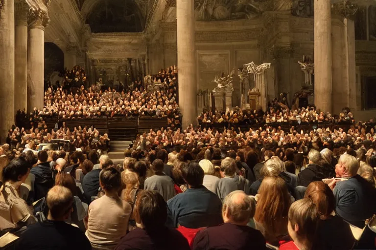 Image similar to medium size crowd listens to a hermeneutic pipe organ concert in a vast basilica, matte painting, scenic full shot, ambient lighting, detailed baroque oil painting by caravaggio and goya