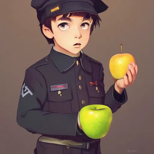 Prompt: portrait of little boy wearing nazi uniform eating an apple by ilya kuvshinov and anna dittmann and studio ghibli and wlop and rossdraws, digital art, trending on artstation, anime arts, featured on pixiv, blue lighting, hd, 8 k, highly detailed, good lighting, beautiful, epic, masterpiece