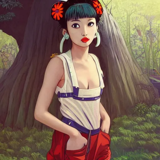 Image similar to a beautiful young japanese natalie portman alluring gravure model, stylized concept art, wearing elegant designer overalls, elegant overalls with mesoamerican patterns, mesoamerican native street fashion, princess mononoke, painted by jamie hewlett and ashley wood and mike mignola, aesthetic, gorgeous, stunning, alluring, attractive, artstation, pinterest, digital art